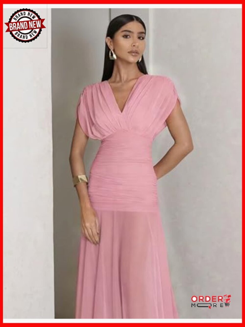 Elegant Formal V Neck Mesh Cap Sleeve Bodycon Ruched Ruffle Hem Long Maxi Dress - Picture 3 of 7